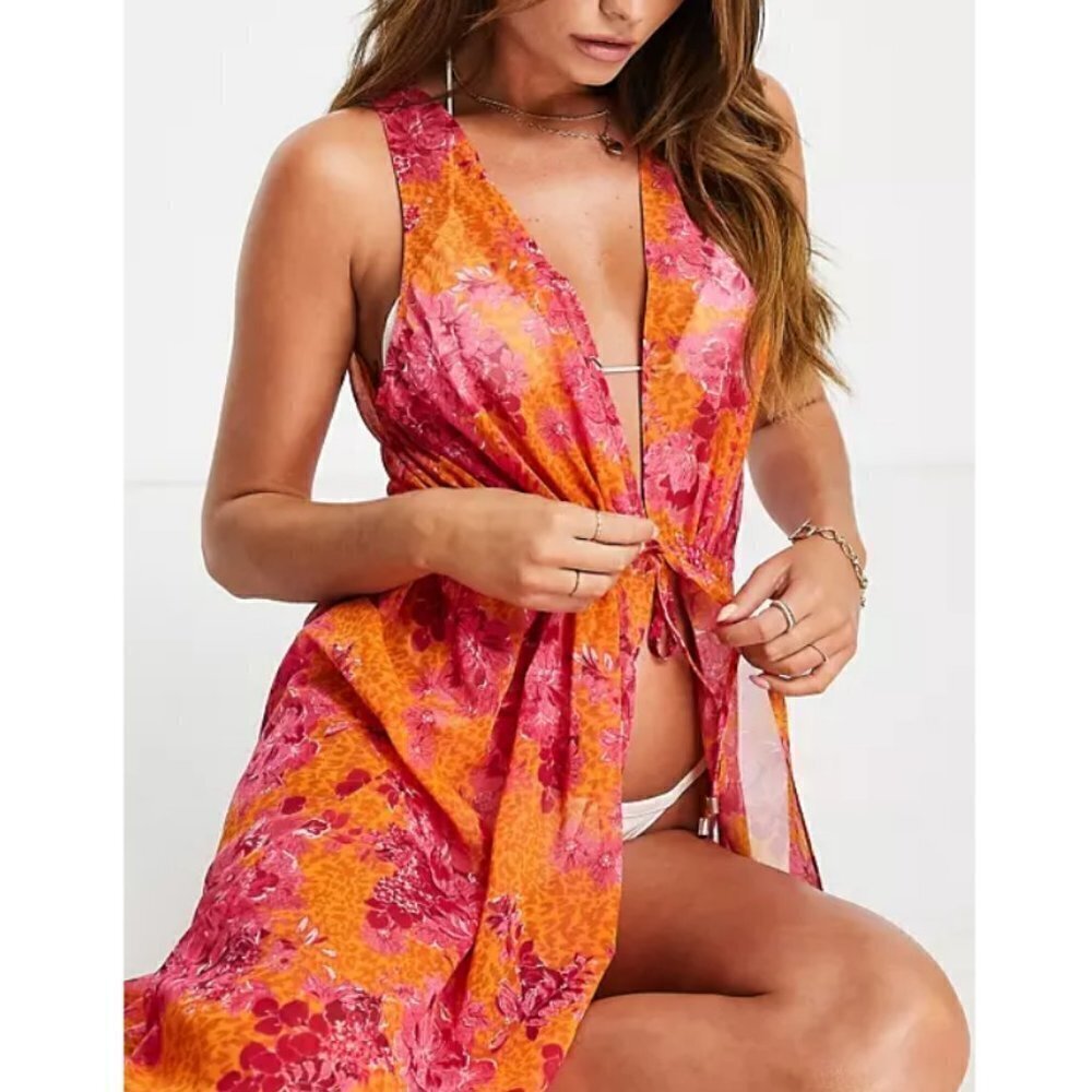 💕TED BAKER💕 Rosaliy Full Length Swim Cover Up ~ Bright Pink Print Large NWT